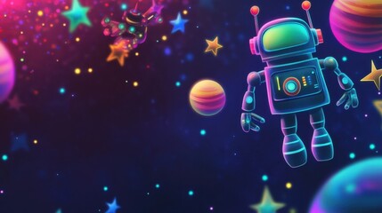 Naklejka premium Robot exploring vibrant galaxy with planets and stars
