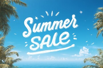 Fototapeta premium Summer sale text with palm and ocean, Handwritten typography over beach sky, Seasonal banner or travel offer promotion