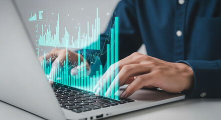 Analyzing Financial Data on Laptop with Holographic Chart Overlay for Business Growth and Investment
