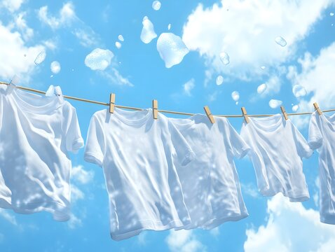 White T-shirts drying on clothesline outdoors on sunny day with soap bubbles - Powered by Adobe