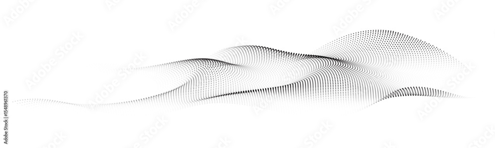 Poster Flowing dots particles wave pattern 3D curve halftone black gradient curve shape isolated on transparent background. Vector in concept of technology, science, music, modern.