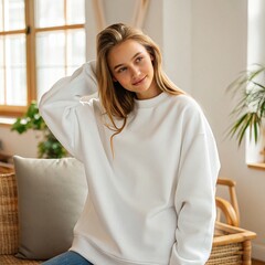 Woman in White Oversized Sweatshirt, Relaxed Fashion Style