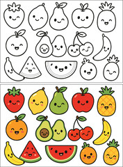 Adorable kawaii fruit coloring pages printable sheet