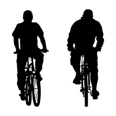 Cyclists silhouette on white background. Two cyclist riding bicycle front view. Biker friends outdoor enjoying in bike driving.Urban leisure activities in spring and summer.People ride bicycles.Vector