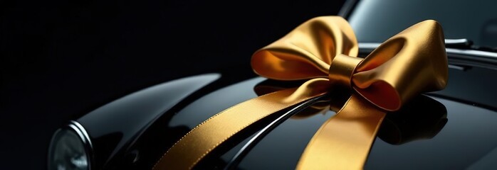 close up luxury modern new black car with gold silk ribbon bow on black background with copy space banner. selling or winning a car. sales advertisement layout.