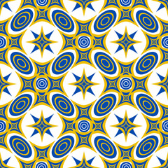 Abstract seamless pattern, Geometric starburst pattern in blue and gold tones with overlapping ellipses and starburst shapes. Seamless abstract background.
