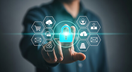 Man touching a digital padlock with various security icons representing data protection and secure online transactions and communication