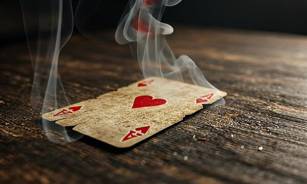 Close Up View of Playing Card with Red Hearts Burning and Releasing White Smoke on a Dark Wooden Table