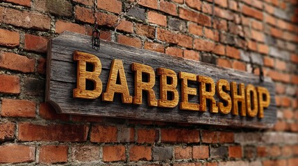 Wooden barbershop sign mounted on a brick wall for a barber shop business