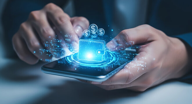 Digital Wallet on Smartphone with Dollar Symbols and Binary Code Overlay Online Payment and Financial Technology
