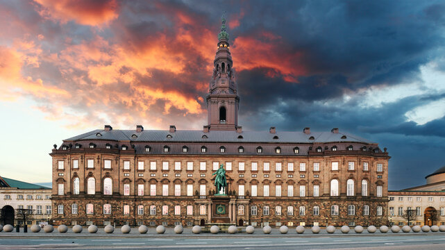 Copenhagen, Denmark with Christianborg palace, Danish Parliament and city downtown.