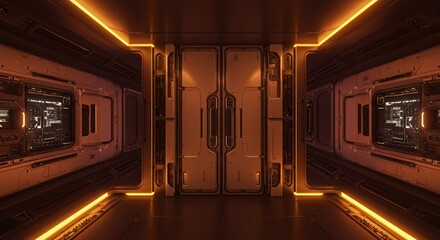 Futuristic Corridor: Amber-Lit Sci-Fi Spaceship Interior