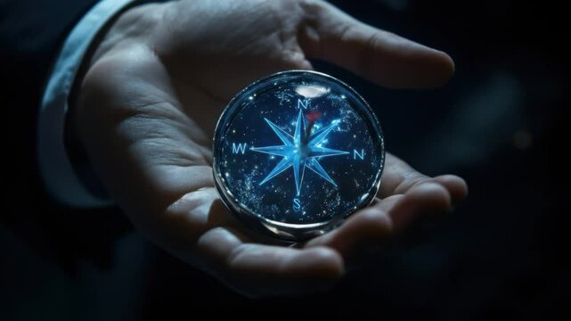 A glowing digital compass spins gently in a person s hands