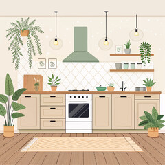 Scandinavian Style Kitchen Vector – Light Wood Textures and Indoor Plants