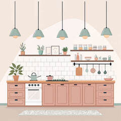 Modern Cozy Kitchen Vector Illustration – Pendant Lights, Shelves, and Soft Pastel Colors