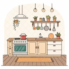 Flat Kitchen Design Vector – Clean Minimalist Interior with Wooden Flooring and Cookware