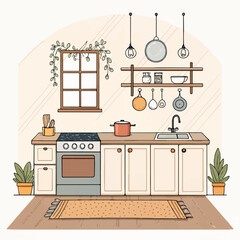 Cozy Kitchen Interior Vector Illustration – Stove, Sink, Hanging Pots, Wooden Floor