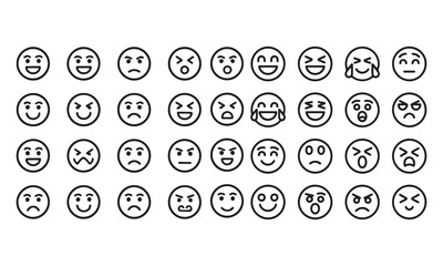 Emoticon outline silhouette icons set linear, expressions, emoji symbols line art black vector illustration