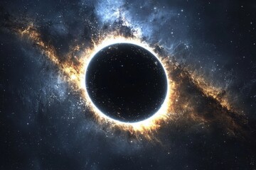 Naklejka premium Cosmic Eclipse - Dark Planet in Glowing Space Nebula space nebula planet eclipse dark cosmic cosmos