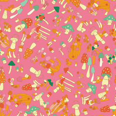 Colorful mushroom illustration forming seamless pattern, playful fungi design good for creative textile and wrapping paper. Fly agaric and toadstool doodle vector