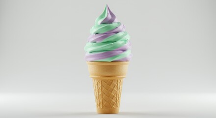 Pastel Mint and Lavender Soft Serve Ice Cream Cone on White Background