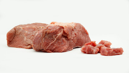 Fresh goat meat, cutting meat and bone isolated on white background