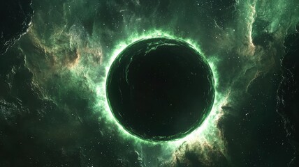 Dark Planet with Glowing Green Energy Ring in Space Nebula space nebula planet glowing green energy