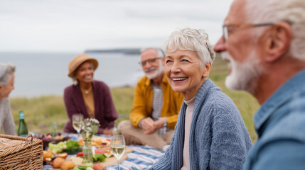 Happy senior friends enjoying picnic by the sea during summer trip. Smiling elderly people, outdoor gathering, leisure, friendship, vacation, nature and joy. Bright mood, coastal lifestyle.