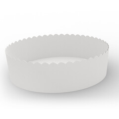 A simple white paper baking mold with a scalloped edge, used for baking or serving food.