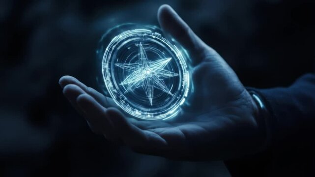 A glowing digital compass spins gently in a person s hands