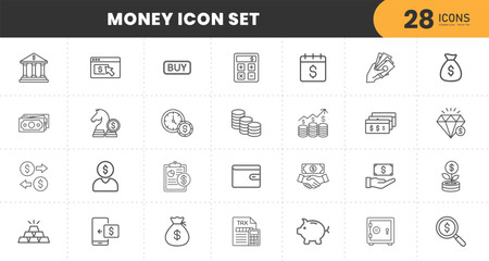  Money - thin line vector icon set. Pixel perfect. Editable stroke. The set contains icons: Credit Card, Money Bag, Paper Currency, Coins, ATM, Piggy Bank.
