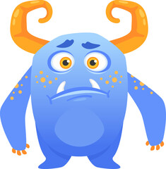 Cartoon illustration of a blue monster looking sad, with orange horns and spots, suitable for children s book illustrations, games, or any other project that needs a cute but sad monster