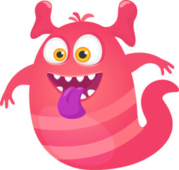 Happy smiling pink cartoon monster with big eyes, open mouth, purple tongue, and two antennas, ideal for children s illustrations or fantasy projects