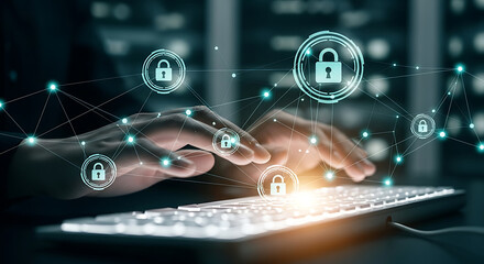 Cybersecurity Protection with Encrypted Network and Data Privacy Hands Typing on Keyboard with Digital Lock Icons Overlay