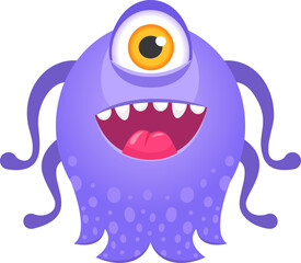 Funny purple cartoon monster with one big yellow eye, tentacles, showing its tongue and smiling, ideal for children s illustrations or fantasy projects