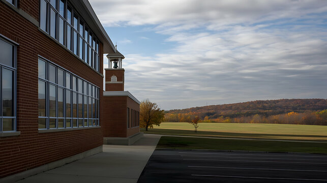 Exterior of a school building with a bell tower, and a view of fall foliage beyond
