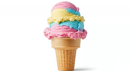 Delightful Triple-Scoop Ice Cream Cone: Pastel Pink, Yellow, and Blue