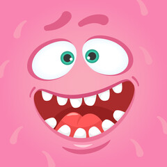 Cartoon vector illustration of a pink furry silly monster face with big green eyes, wide open mouth, showing tongue and laughing, suitable for Halloween designs or children book illustrations