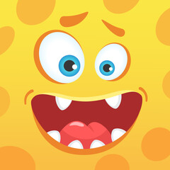 Cartoon illustration featuring a cheerful yellow monster character with googly eyes and a big smile, playfully sticking out its tongue, perfect for Halloween themed designs