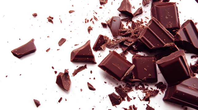 A close up of chocolate pieces on a white background