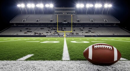 A football sits on the field in front of a stadium with bright lights and empty seats at night time