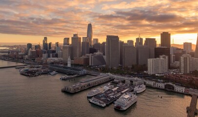 Aerial view of San Francisco, USA, at sunset. The city skyline features skyscrapers, including the...