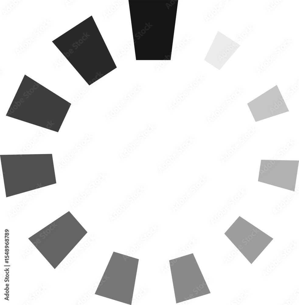Poster circular progress indicator with dark and light gray rotating squares on a white background, symboli