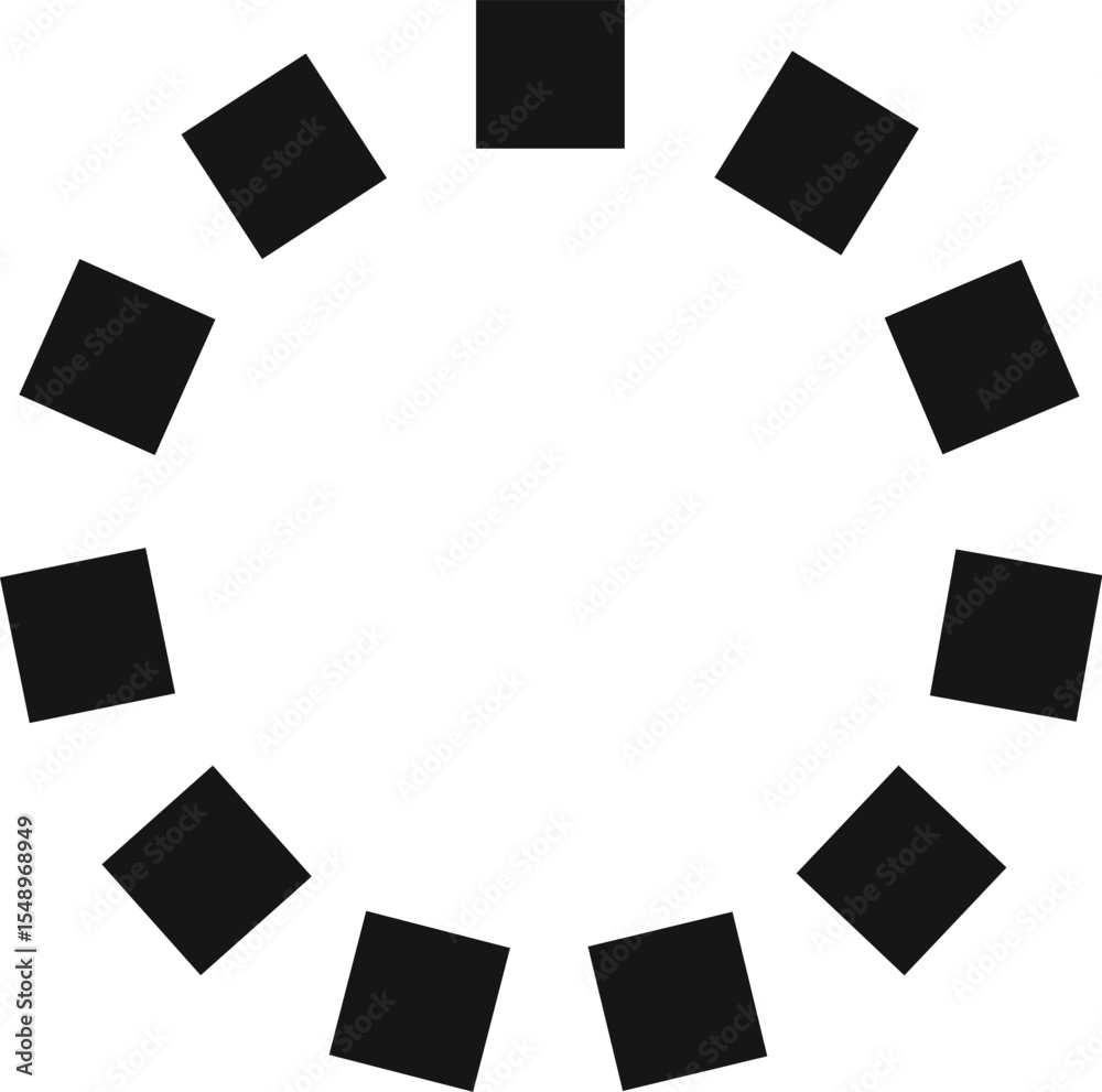 Poster black squares rotating in a circular pattern, creating a dynamic loading symbol against a white back