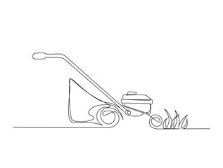 Continuous one line drawing of garden lawn mower. Lawn mower cutting grass outline illustration. Editable vector.