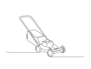 Continuous one line drawing of garden lawn mower. Lawn mower cutting grass outline illustration. Editable vector.
