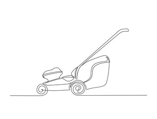 Continuous one line drawing of garden lawn mower. Lawn mower cutting grass outline illustration. Editable vector.