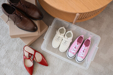 Boxes and container with women's shoes on carpet, top view