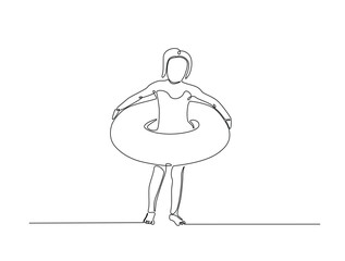Continuous one line drawing of kid wearing swim ring. happy kid go to swimming outline illustration. Editable vector.