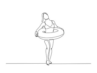 Continuous one line drawing of woman wearing swim ring. Young lady go to swimming wearing swim ring outline illustration. Editable vector.
